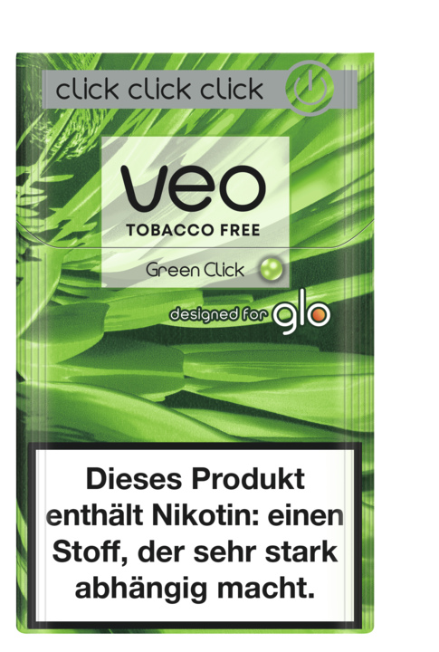Die Verpackung der VEO Green Click Sticks für GLO zeichnet sich durch ein tabakfreies Etikett und ein tropisch-grünes Design aus und enthält einen Warnhinweis zur Nikotinsucht.