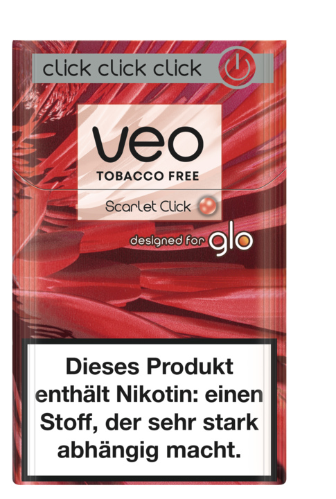 Die tabakfreie Produktverpackung von VEO Scarlet Click wurde für GLO-Geräte entwickelt und zeichnet sich durch ein leuchtend rotes Design sowie einen Warnhinweis zur Nikotinsucht aus.