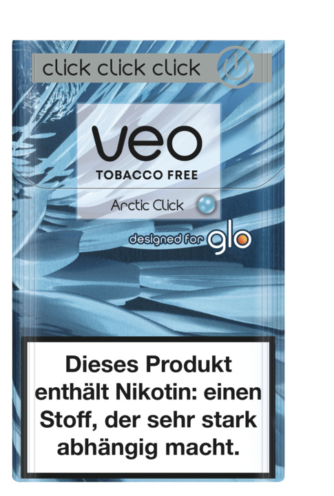 VEO Arctic Click tabakfreie Sticks für GLO mit blauem Design, mit dem Aufdruck „Tabakfrei“ und „Für GLO entwickelt“, wobei auf den Nikotingehalt hingewiesen wird.