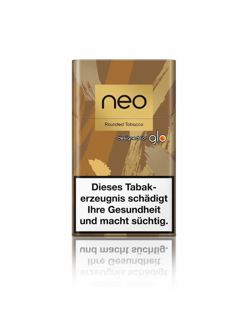 Neo Gold Tabakverpackung für GLO-Geräte mit abgerundetem Tabakdesign und Warnhinweis in deutscher Sprache.