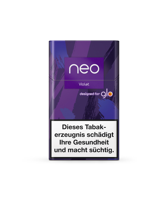 Neo Violet ist ein Tabakprodukt, das für GLO entwickelt wurde und sich durch eine leuchtend violette Verpackung mit einem deutschen Gesundheitswarnhinweis auszeichnet.