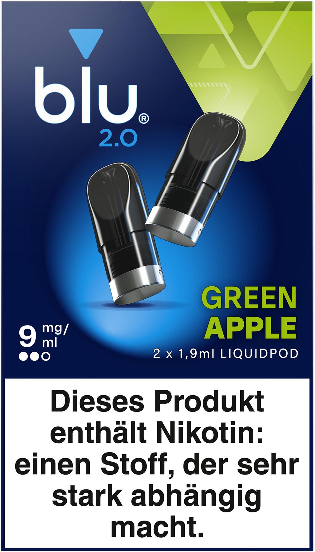 Ovale Verpackung von BLU 2.0 Green Apple Liquid Pod mit zwei schwarzen Liquidpods und silbernem Rand, blau-grün-silberner Farbgebung und weiß-blauem Logo.