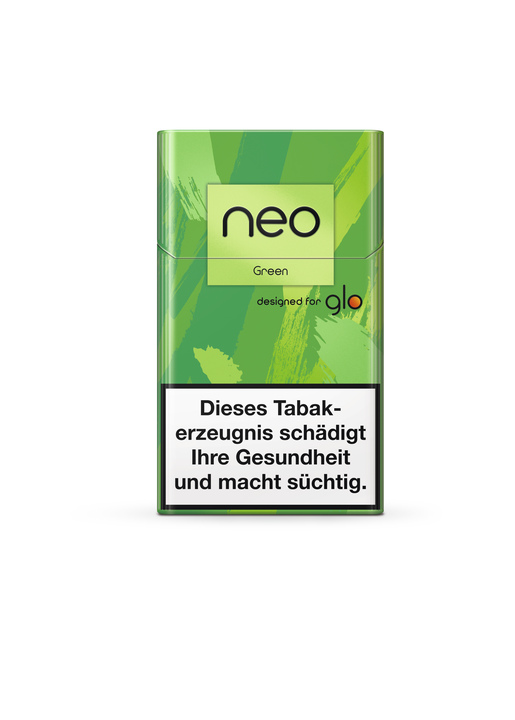 Neo Green ist ein Tabakprodukt, das für GLO entwickelt wurde und sich durch eine leuchtend grüne Verpackung mit gesundheitsbezogenen Warnhinweisen auszeichnet.
