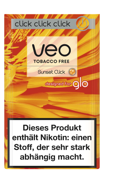 VEO Sunset Click tabakfreie Sticks für GLO mit lebendigem tropischem Design, Produktwarnung vor Nikotinsucht und Kompatibilität mit GLO-Geräten.